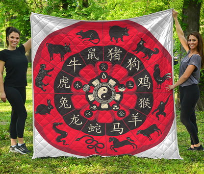 Red Chinese Zodiac Wheel Print Quilt