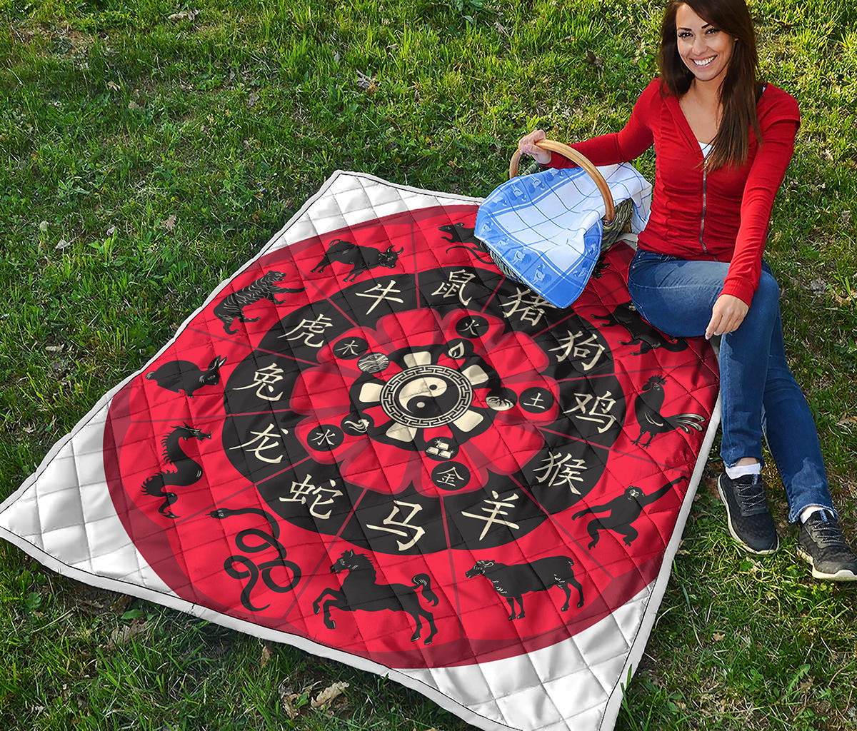Red Chinese Zodiac Wheel Print Quilt