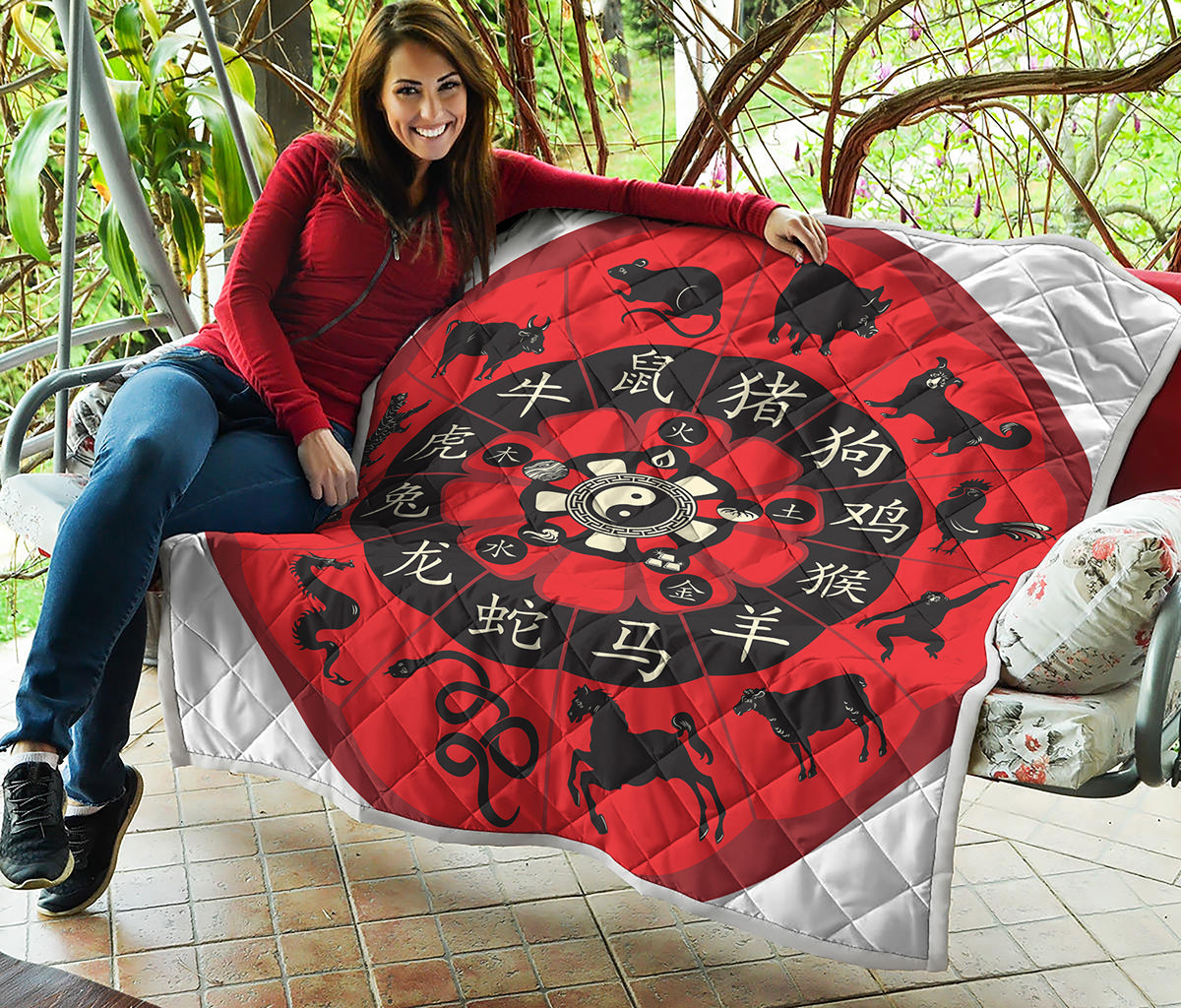 Red Chinese Zodiac Wheel Print Quilt
