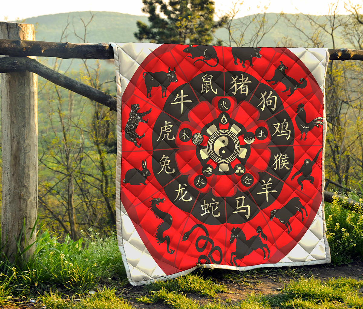 Red Chinese Zodiac Wheel Print Quilt