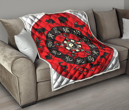 Red Chinese Zodiac Wheel Print Quilt