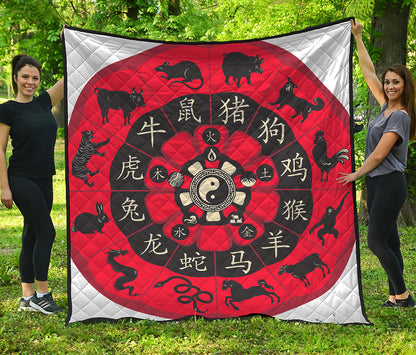 Red Chinese Zodiac Wheel Print Quilt