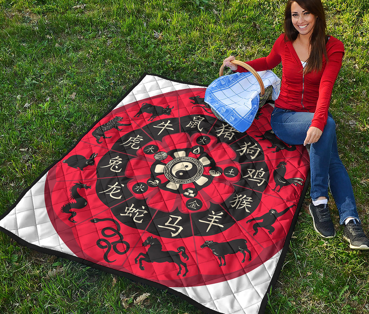 Red Chinese Zodiac Wheel Print Quilt