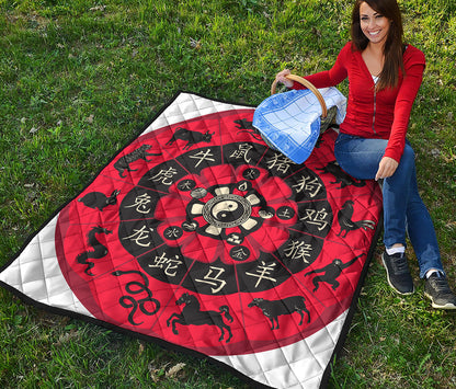 Red Chinese Zodiac Wheel Print Quilt
