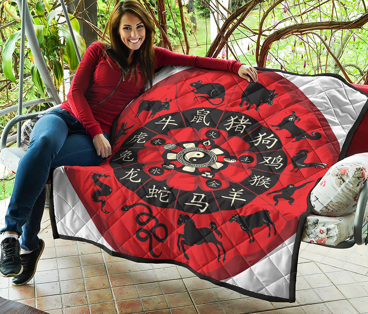 Red Chinese Zodiac Wheel Print Quilt