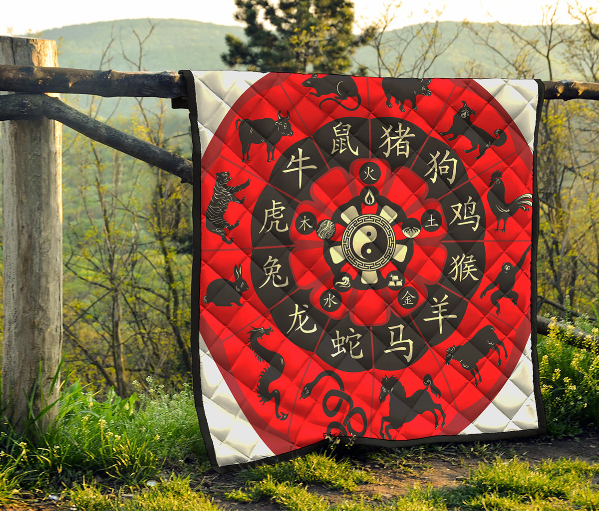 Red Chinese Zodiac Wheel Print Quilt