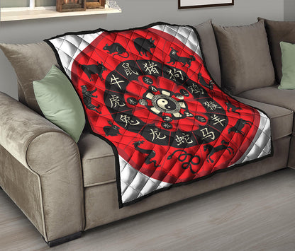 Red Chinese Zodiac Wheel Print Quilt