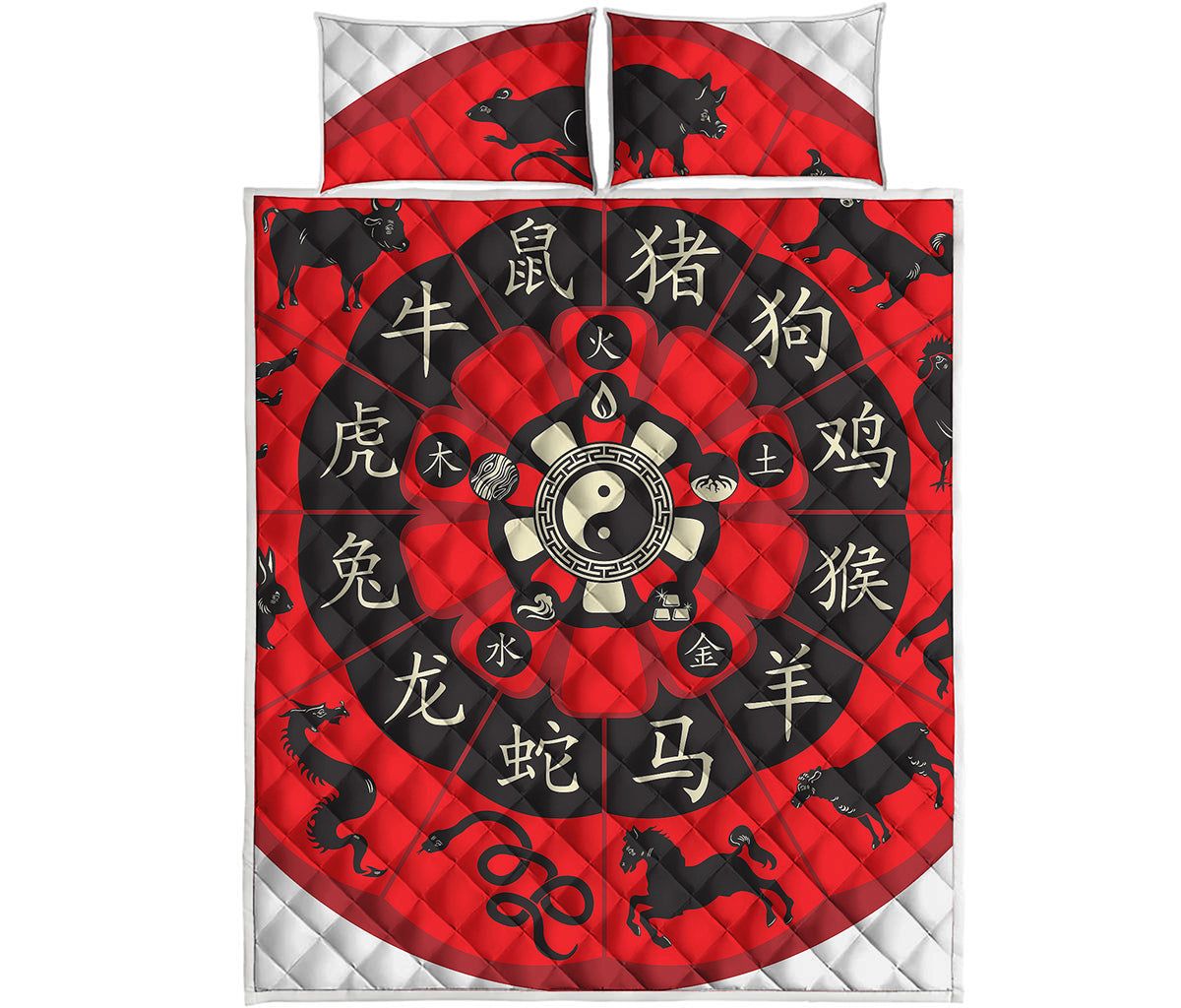 Red Chinese Zodiac Wheel Print Quilt Bed Set