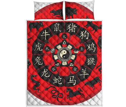 Red Chinese Zodiac Wheel Print Quilt Bed Set
