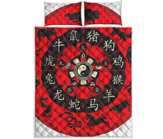 Red Chinese Zodiac Wheel Print Quilt Bed Set