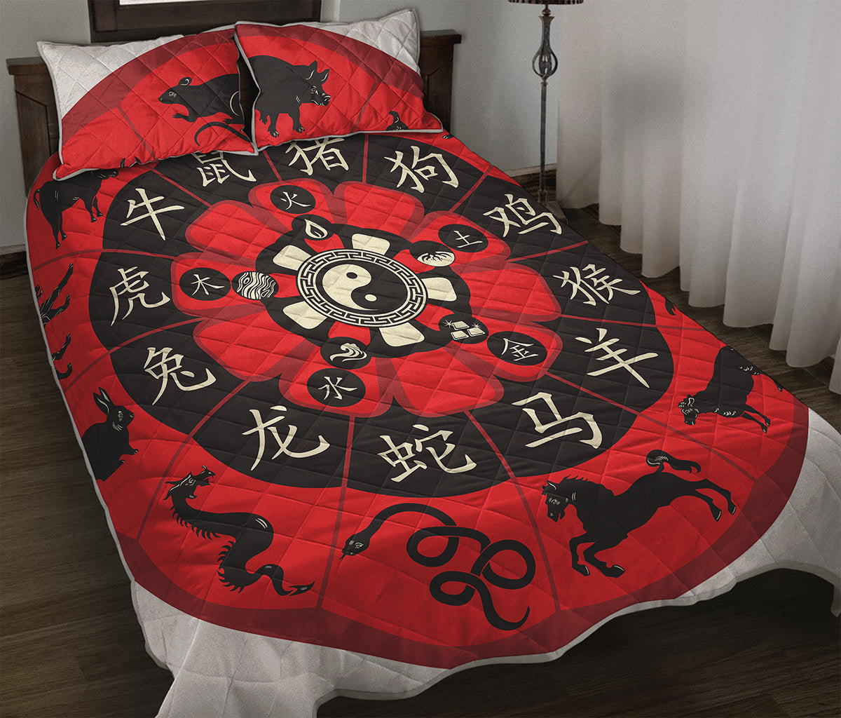 Red Chinese Zodiac Wheel Print Quilt Bed Set