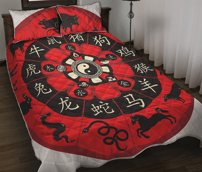 Red Chinese Zodiac Wheel Print Quilt Bed Set