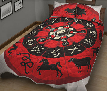 Red Chinese Zodiac Wheel Print Quilt Bed Set