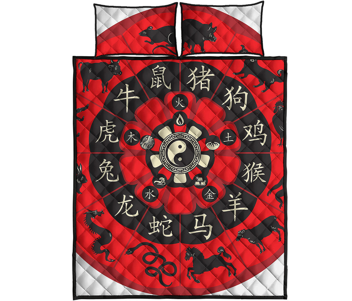Red Chinese Zodiac Wheel Print Quilt Bed Set