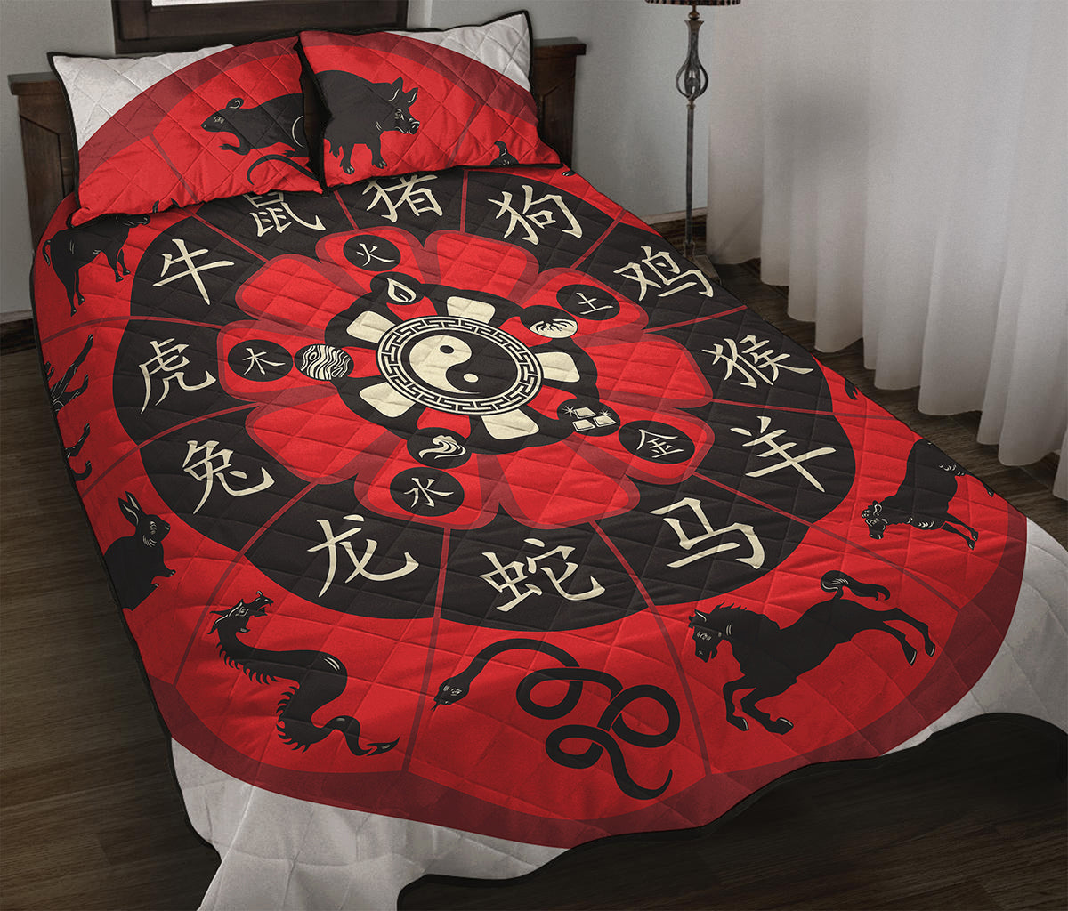 Red Chinese Zodiac Wheel Print Quilt Bed Set