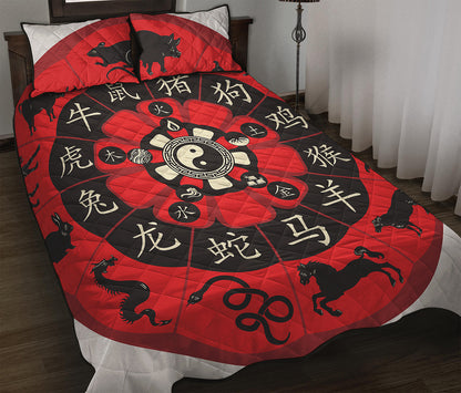 Red Chinese Zodiac Wheel Print Quilt Bed Set