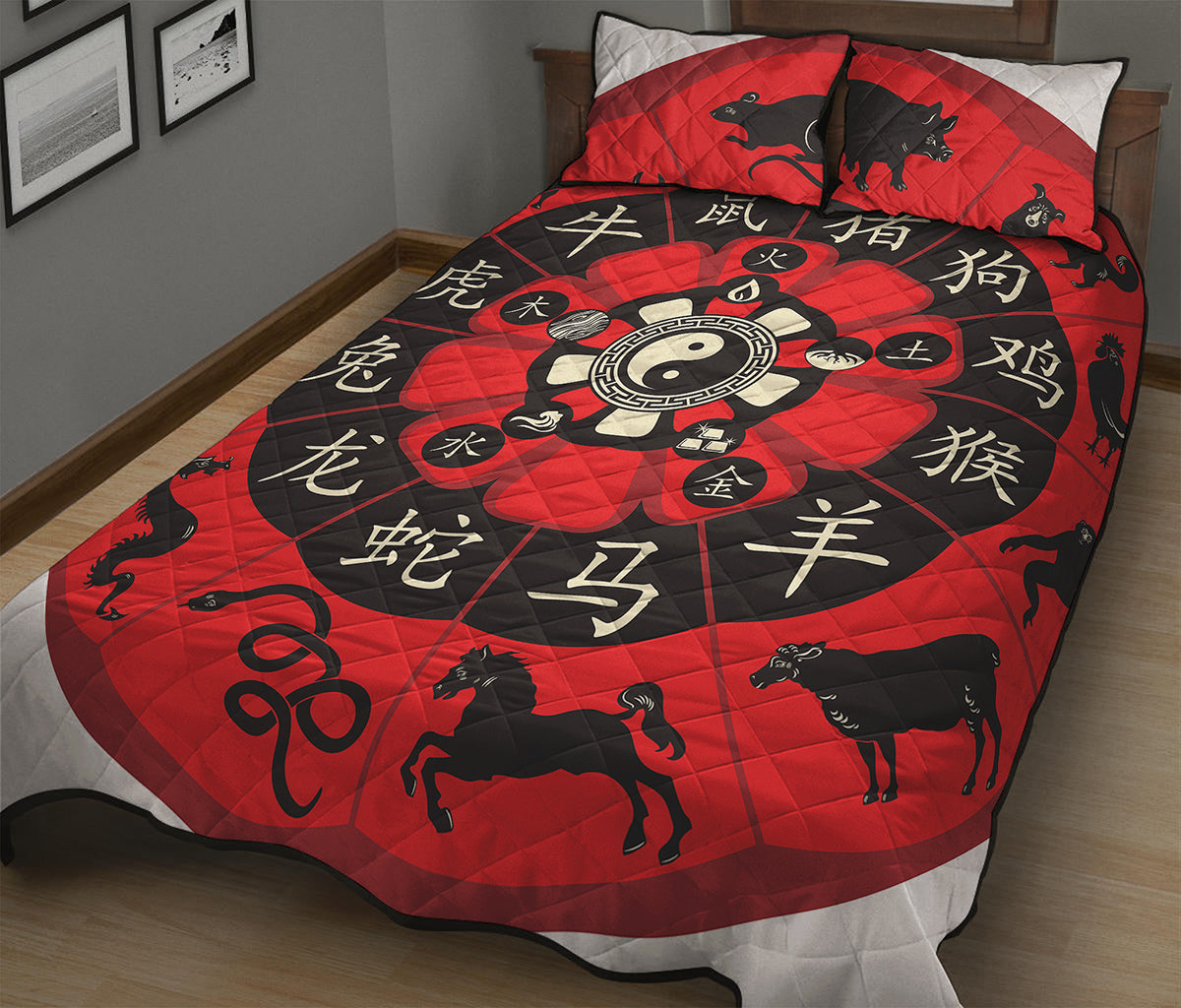 Red Chinese Zodiac Wheel Print Quilt Bed Set