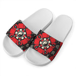Red Chinese Zodiac Wheel Print White Slide Sandals