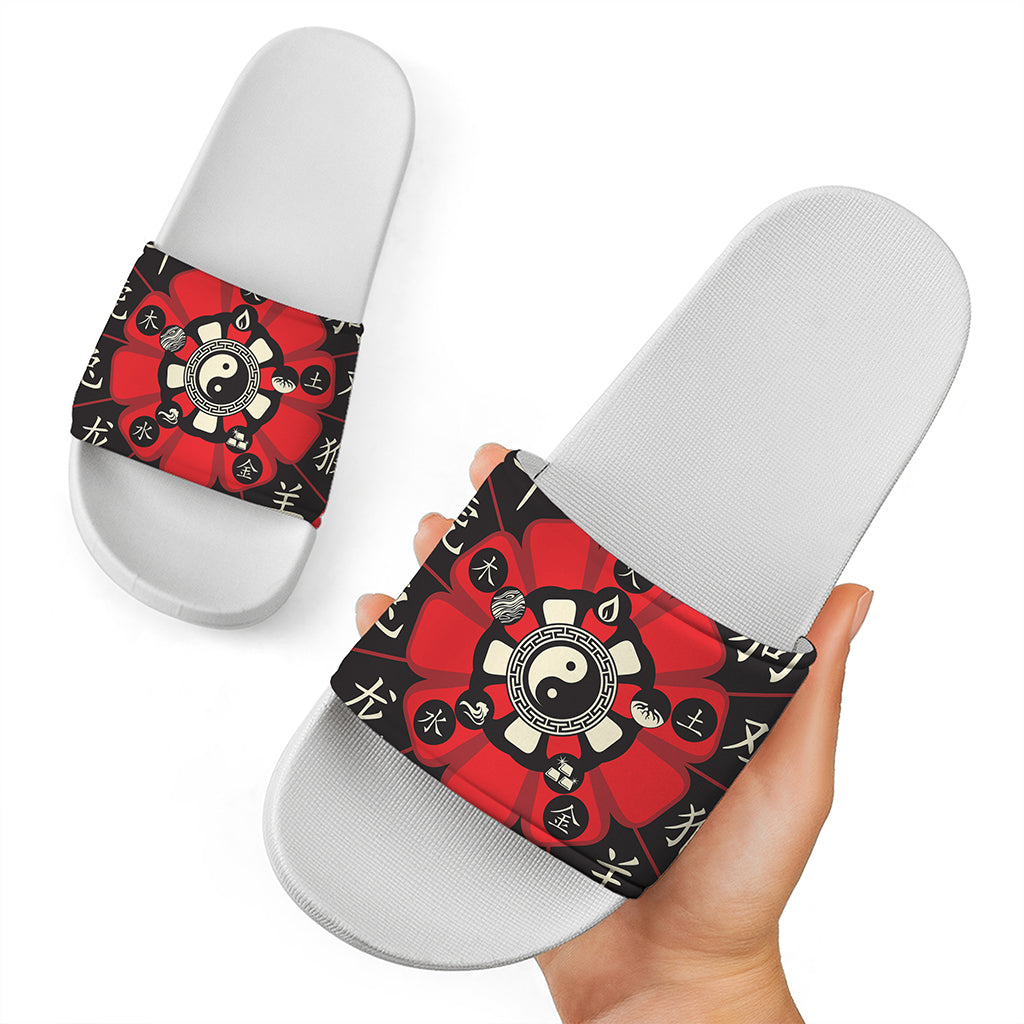 Red Chinese Zodiac Wheel Print White Slide Sandals