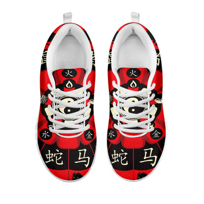 Red Chinese Zodiac Wheel Print White Sneakers