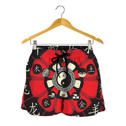 Red Chinese Zodiac Wheel Print Women's Shorts