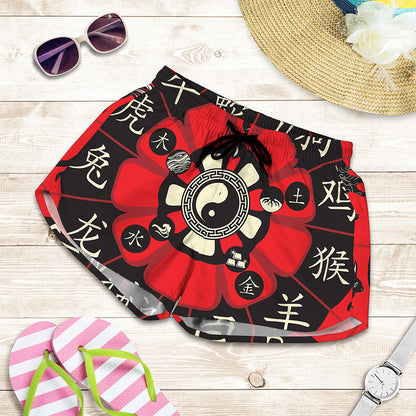 Red Chinese Zodiac Wheel Print Women's Shorts