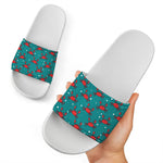 Red Crab Pattern Print White Slide Sandals