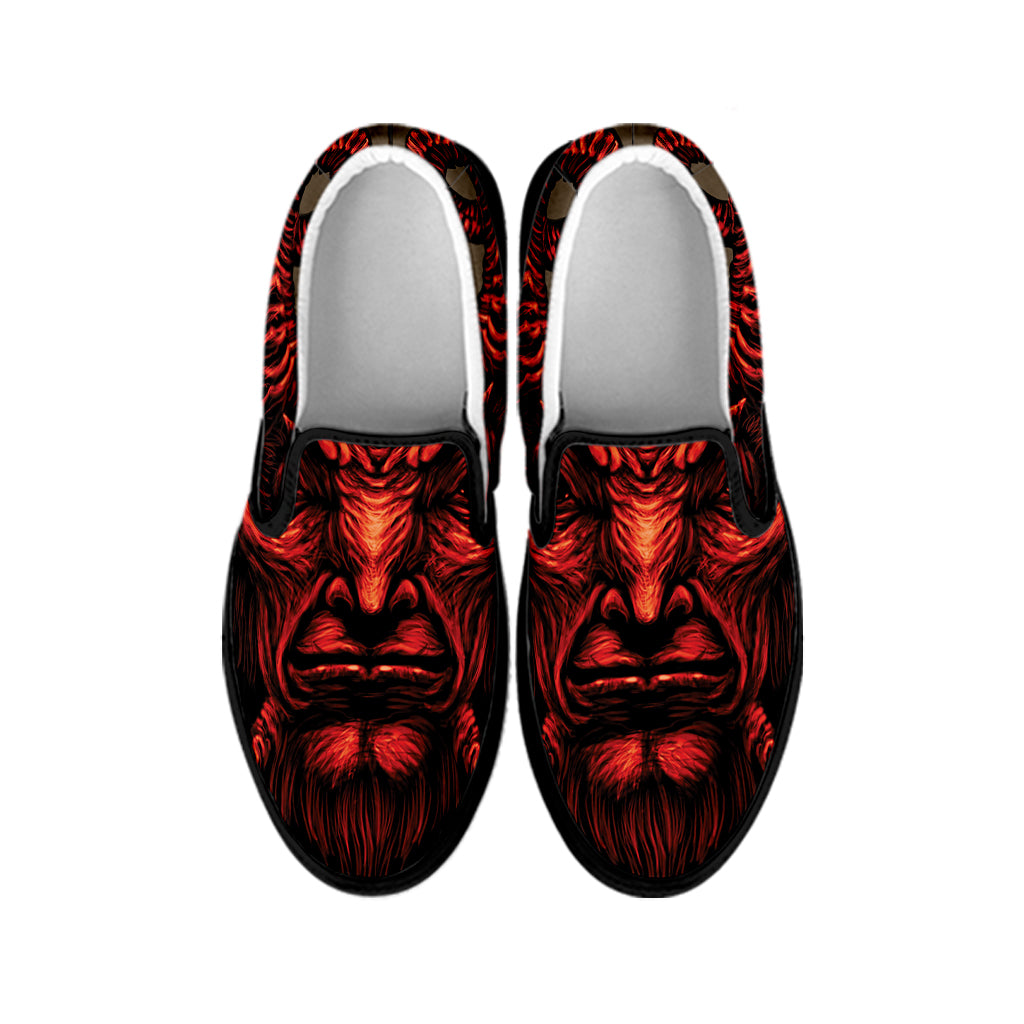 Red Devil Satan Print Black Slip On Shoes