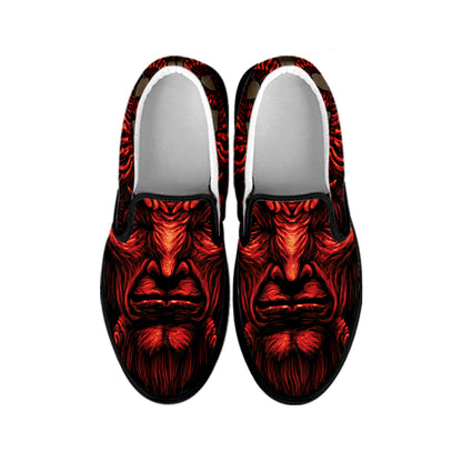 Red Devil Satan Print Black Slip On Shoes