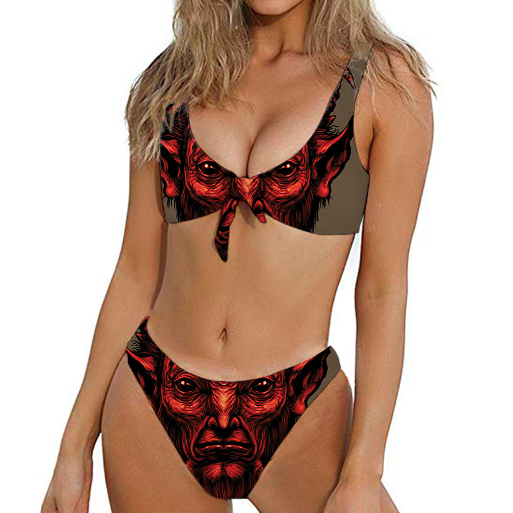 Red Devil Satan Print Front Bow Tie Bikini