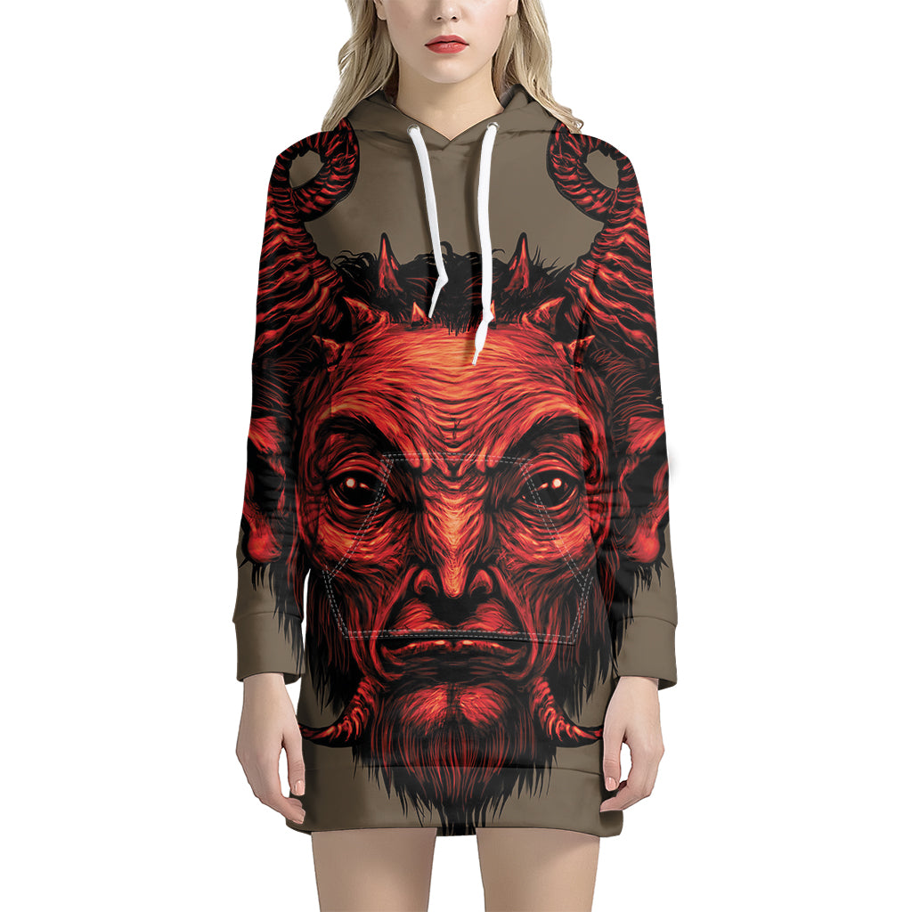 Red Devil Satan Print Pullover Hoodie Dress