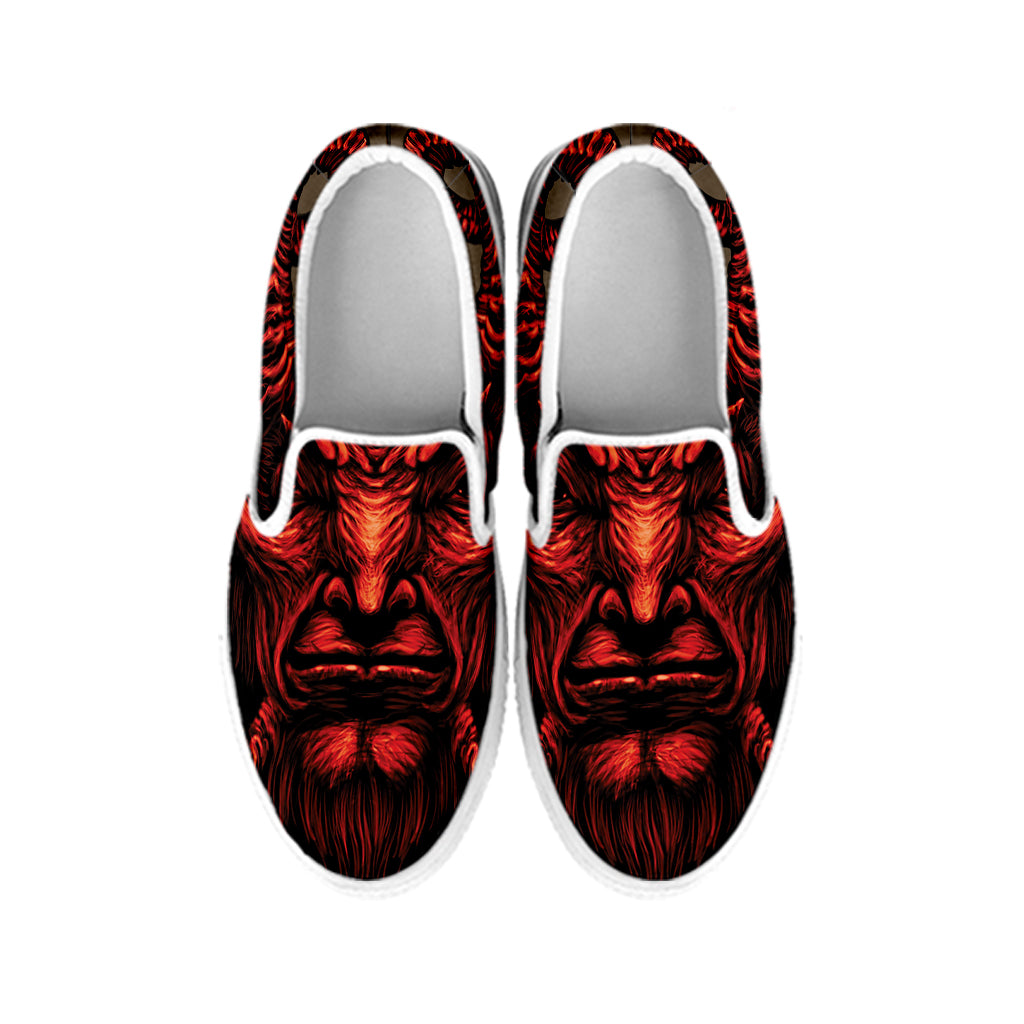 Red Devil Satan Print White Slip On Shoes