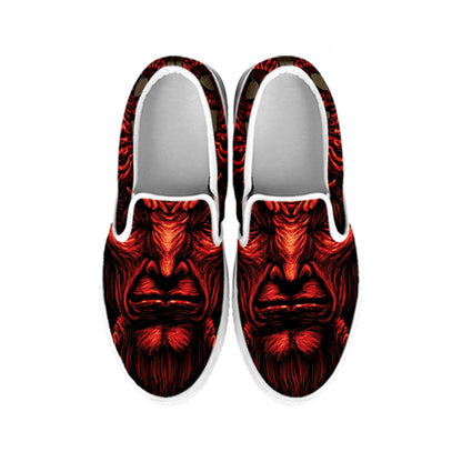 Red Devil Satan Print White Slip On Shoes