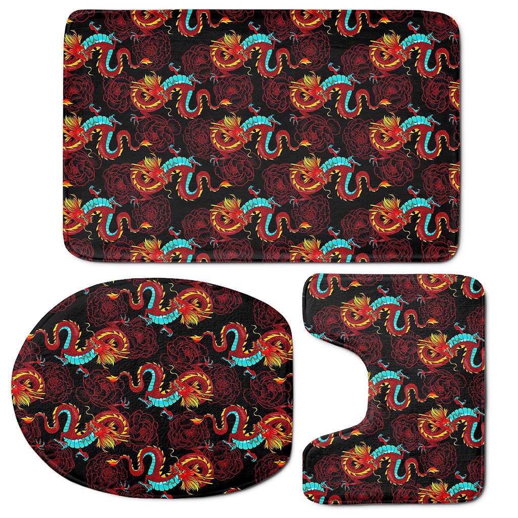 Red Dragon Lotus Pattern Print 3 Piece Bath Mat Set