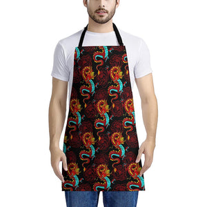 Red Dragon Lotus Pattern Print Apron