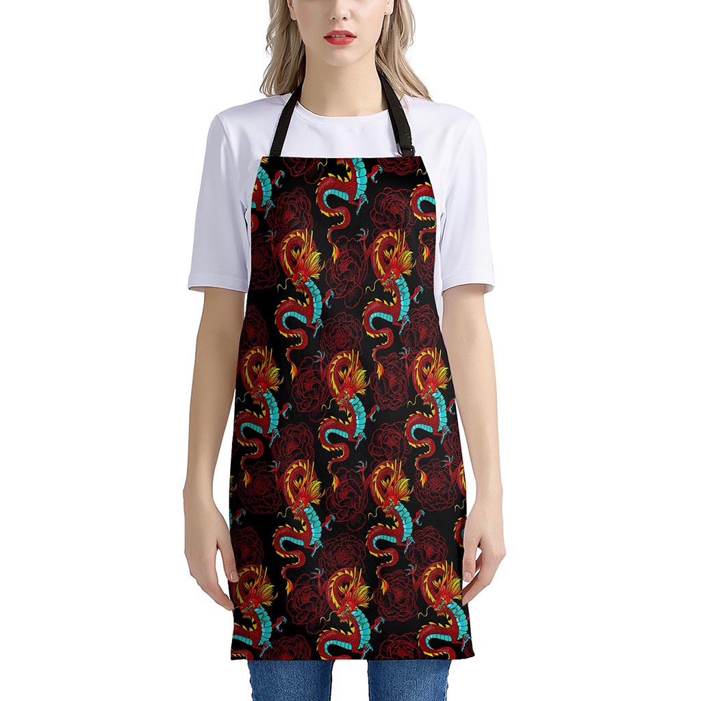 Red Dragon Lotus Pattern Print Apron