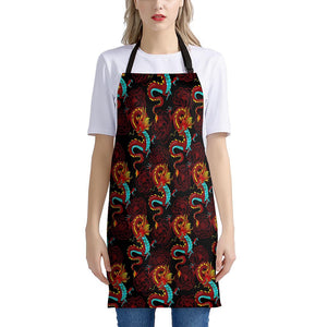 Red Dragon Lotus Pattern Print Apron