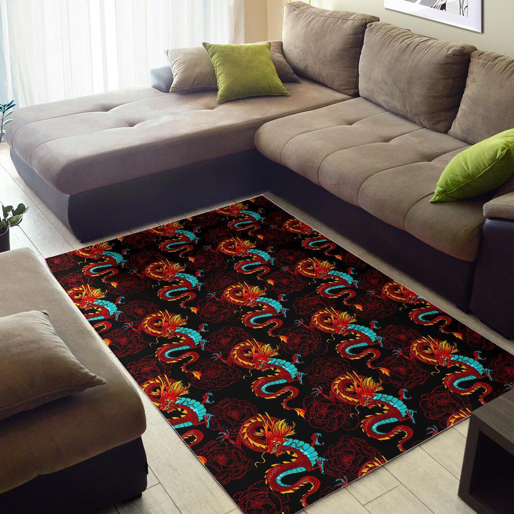 Red Dragon Lotus Pattern Print Area Rug GearFrost