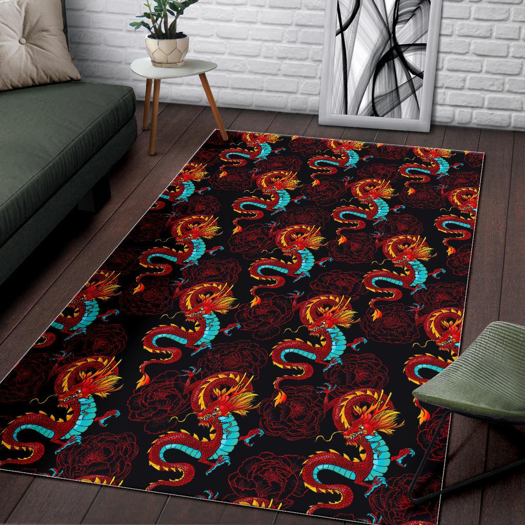 Red Dragon Lotus Pattern Print Area Rug GearFrost