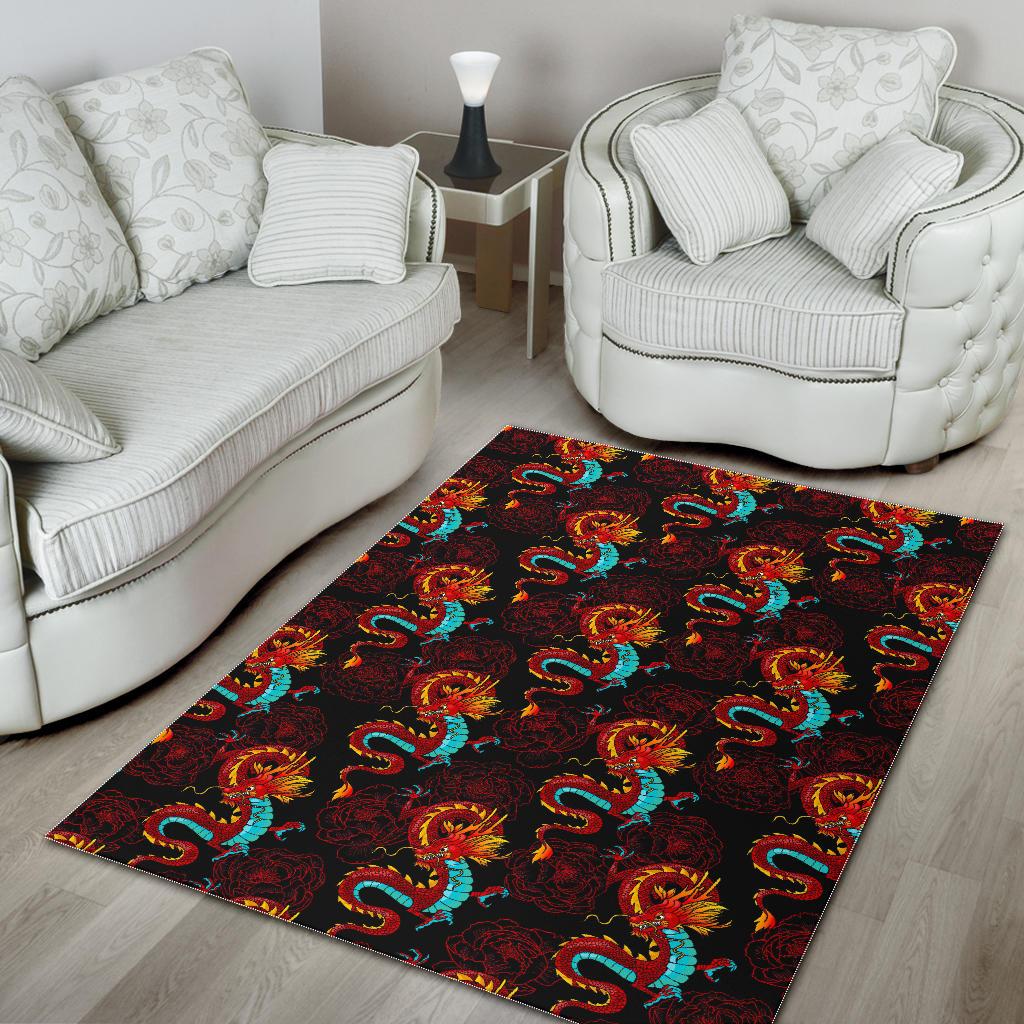 Red Dragon Lotus Pattern Print Area Rug GearFrost