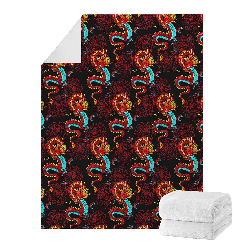 Red Dragon Lotus Pattern Print Blanket