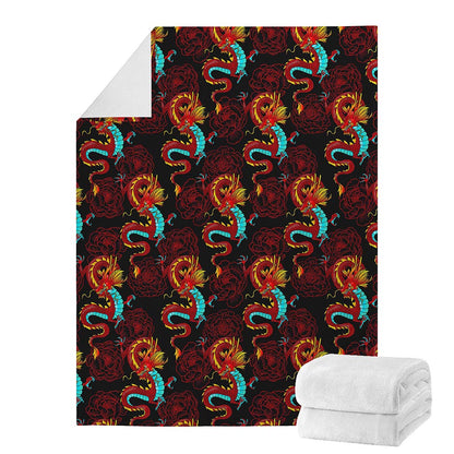 Red Dragon Lotus Pattern Print Blanket