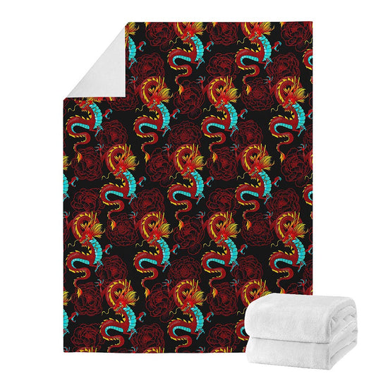 Red Dragon Lotus Pattern Print Blanket