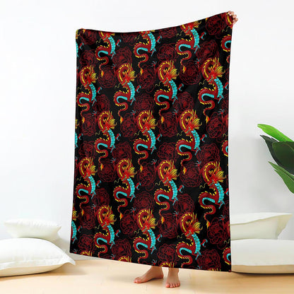 Red Dragon Lotus Pattern Print Blanket