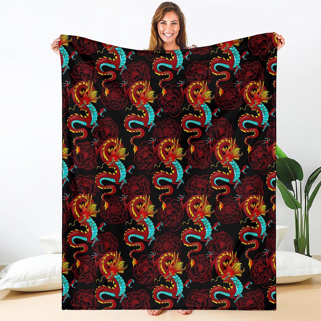 Red Dragon Lotus Pattern Print Blanket