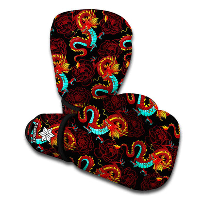 Red Dragon Lotus Pattern Print Boxing Gloves