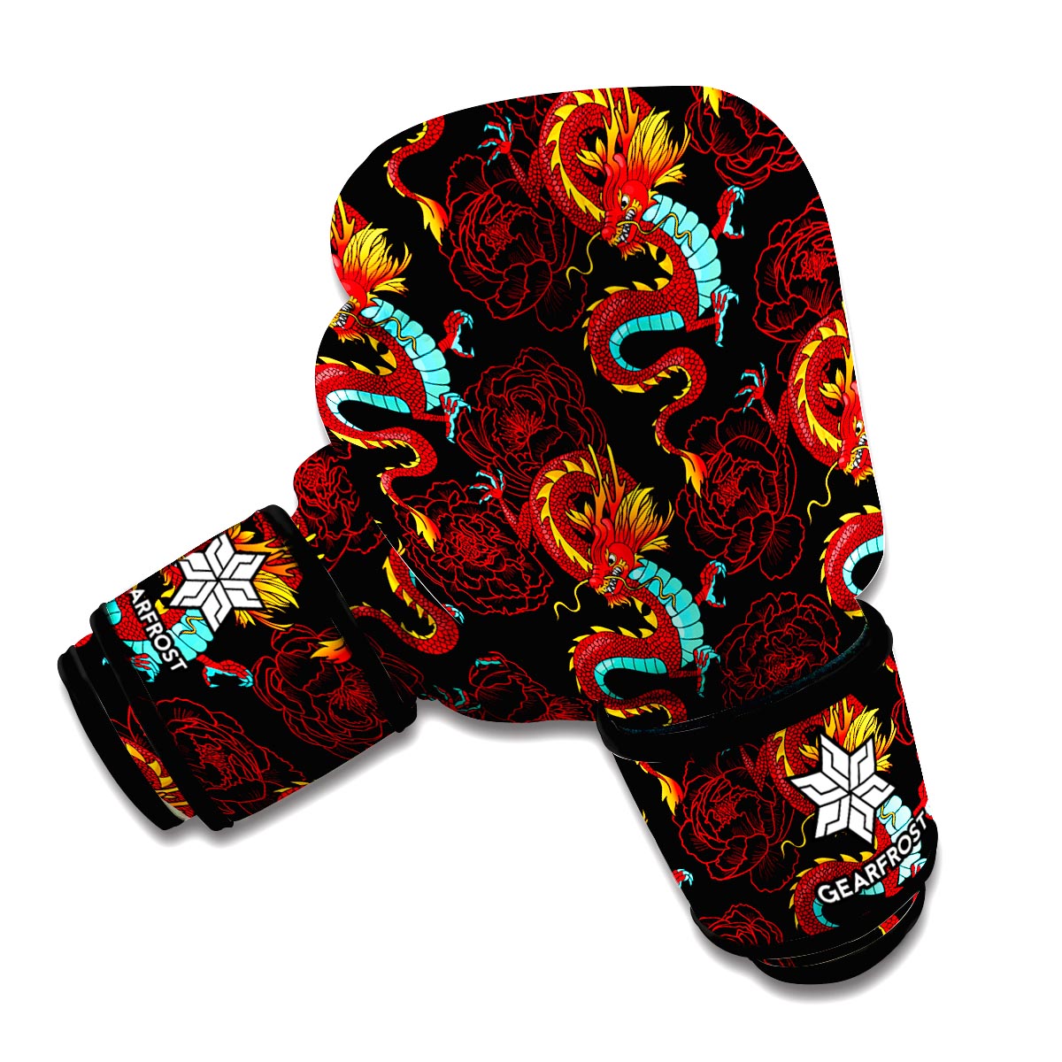 Red Dragon Lotus Pattern Print Boxing Gloves