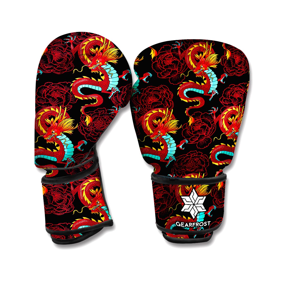 Red Dragon Lotus Pattern Print Boxing Gloves