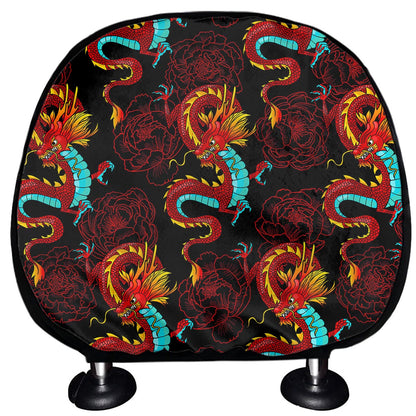 Red Dragon Lotus Pattern Print Car Headrest Covers