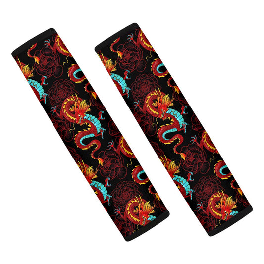 Red Dragon Lotus Pattern Print Car Seat Belt Covers
